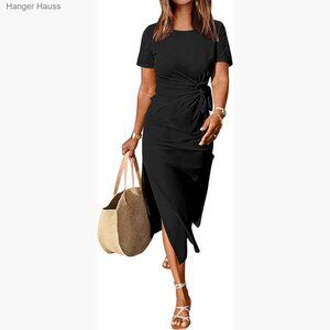 Slim Fit Maxi Dress with Tie Waist and Slit, Short Sleeve Crewneck